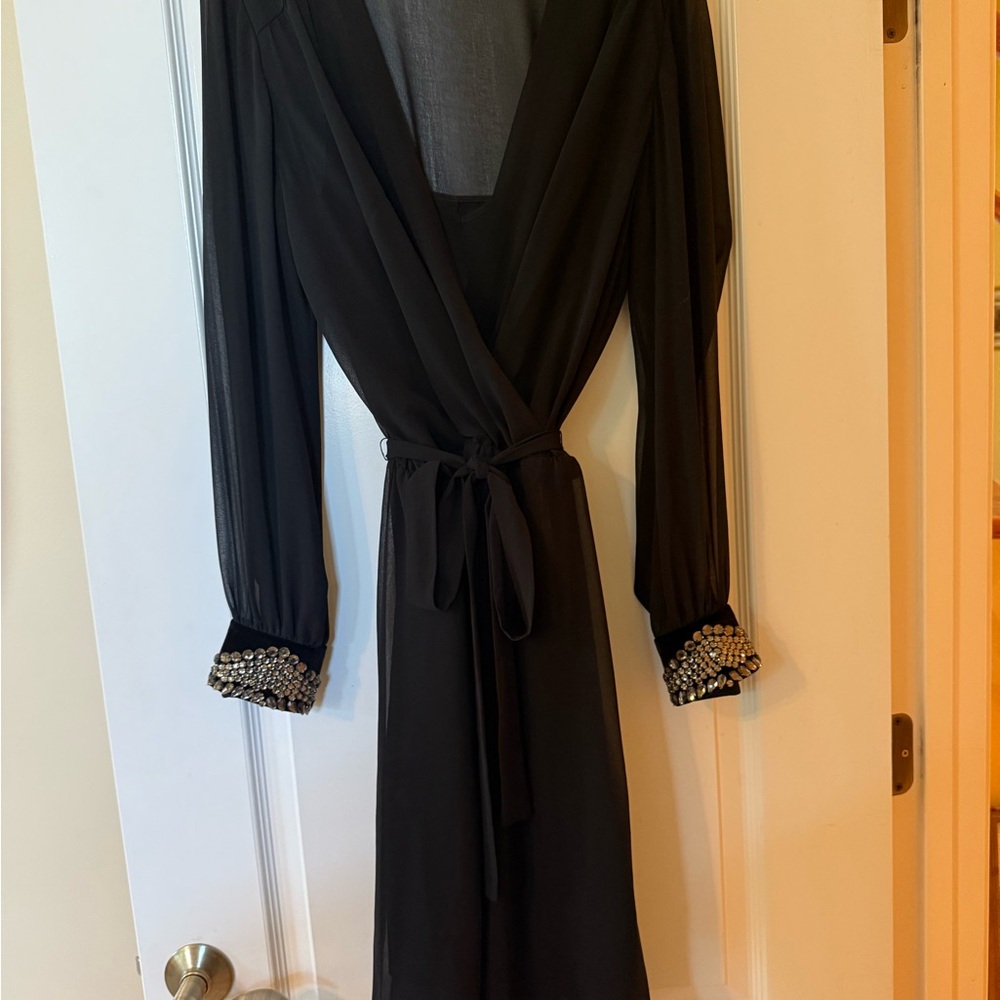Elegant Black Semi Wrap Dress with Beaded Cuffs